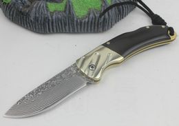 High Quality 6.1 Inch Damascus Pocket Folding Knife VG10 Damascus Steel Blade Cow Horn + Brass Handle Knives With Leather Sheath