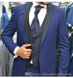 Shawl Collar Blue Groom Tuxedos One Button Man Prom Busienss Suit Wedding Party Coat Waistcoat Trousers Set (Jacket+Pants+Vest+Tie) J103