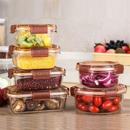 Glass Lunch Box Microwave Bento Heating Refrigerated Sealed Leakproof Food Container Storage Transparent Lid Round Square Box 201015