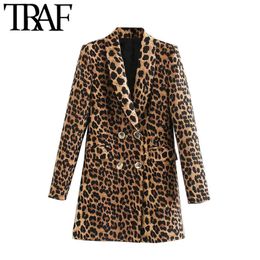 TRAF Women Vintage Fashion Double Breasted Leopard Blazer Coat Long Sleeve Animal Pattern Female Outerwear Chic Tops 201114