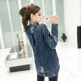 SHENGPALAE New Fashion Autumn Women Denim Splice Sweatshirt Hooded Pullovers Female Casual Oversize Jumper ZA5055 201204