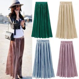 Skirts Wholesale- Women Lady Clothing Double Layer Pleated Retro Long Maxi Elastic High Waist Skirt 1