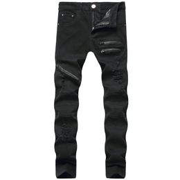 GODLIKEU Herren-Jeans, lässig, zerrissen, schmal, schwarz, Biker-Designer, Hip-Hop-Jeans