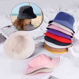 Summer Double-sided Bucket Hat Unisex Casual Solid Color Fisherman Hat Bob Outdoor Sunscreen Harajuku Panama Hat Hip Hop 2021 G220311