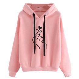 Harajuku Camisolas Mulheres e Hoodies Oversize Kpop Black Rosa Amo Dedo Casual Streetwear Meninas Hood Manga Longa Tracksuit 201216