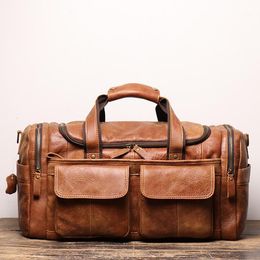 Duffel Bags European Retro Frosted Genuine Leather Outdoor Luggage Handbag Men's Shoulder Messenger Bag For Short Trip Black Travel Bag