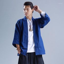 Men's Jackets Wholesale- Spring Autumn Men Jacket Loose Cardigan Coat Fashion Casual High-quality Linen Hip Hop Punk Kimono Style Outwear A1