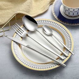 Stainless Steel Cutlery Silverware Spoon Set Dinner Matte Gold Knives Forks Spoons Dinnerware Eco Friendly 211229