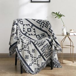 Blanket 100% Cotton Blankets for Chair Sofa Bed 90x90cm Black Knitted Geometric Printed Towel Blankets Thick Home Decor Throws 201128