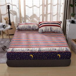 3pcs Bed Sheet With Pillowcase Blue Flower Printed Linen Queen Mattress Covers Fitted Sets Elastic For King Size 220217