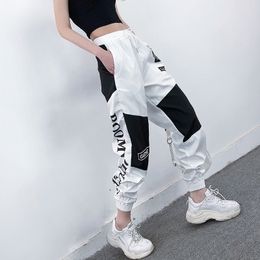 High Waist Letter Spliced Cargo Pants Women Loose Harajuku BF Ankle-Length Overalls Pants Plus Size Hip Hop Women's sports pant 201031