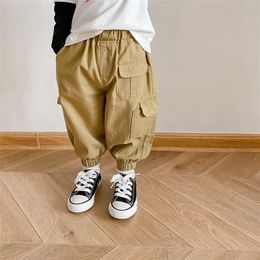 Spring Autumn boys fashion many pockets cargo pants children casual 3 colors ankle-tied trousers 1- LJ201019