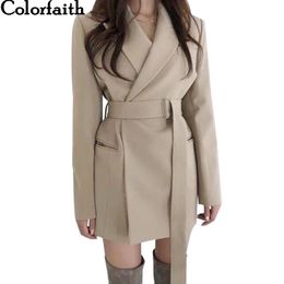 Colorfaith New Autumn Winter Women's Blazers Sashes Jackets Notched Outerwear England Style Solid Cardigan Tops LJ200814