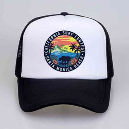 -Шариковые шапки Serfing Santa Monica California Женская ретро стиль отдыха на каникулы Sunhat летняя сетка дышащая бейсбольная кепка KZFB