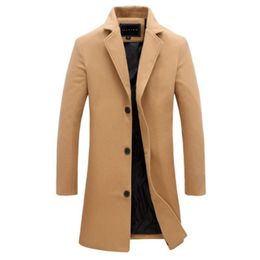 Mens Length Woollen Trench Coat Fashion Trend Lapel Neck Long Sleeve Outerwears Designer Autumn Male Button Slim Solid Colour Casual Coats