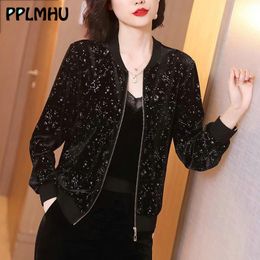 Harajuku Sparkly Sequined Black Jacket Short Streetwear Zipper Baseball Jacket Velvet Spring New Long Sleeve Outerwear Women 201112