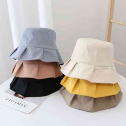 NEW Folds Panama Hat For Women Summer Simple Solid Color Cotton Fisherman Hat Hip Hop Casual Sunscreen Flat Bucket Hat G220301