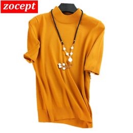 zocept Women's Short-Sleeved Sweaters Women Cashmere Blend Knitted Half Turtleneck Solid Color Short-Sleeve Pullovers Tees 201111