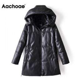 Aachoae Winter Casual Faux Leather Black Coat Women Long Sleeve Thick Warm Jacket Lady Pu Leather Midi Long Hooded Tops 201226