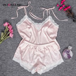 Sexy V Neck Lace Up Cami And Satin Shorts Women Pyjama Set Summer 2019 Fashion Silk Floral Lace Sleepwear Pink PJ Set Loungewear Y200708