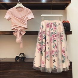 Women Flower Pring Mesh skirt and Cotton Irregular T-shirt Casual 2 Piece Set Bowknot Pink Crop Tops Floral Mid-clf Skirt Sets T200702