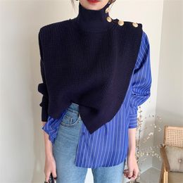 [EWQ] Korean Chic Autumn High Collar Side Buttons Fake Two-piece Shirt Stitching Striped Bubble Sleeve Sweater Blue women 201221