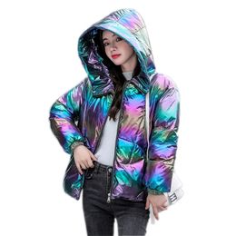 Women Winter Jacket Coats Hooded Tie dye Shiny Fabric Parkas Thick Warm Down Cotton jackets Zipper Padded Cold Outwear 201027