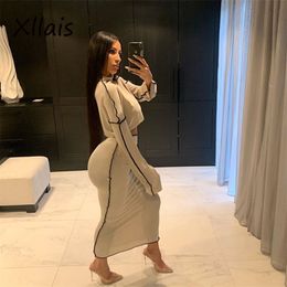 XLLAIS 2 Piece Set Fit Suits Club Elastic Waist Two Piece Set Fall Party Women Outfits Long sleeve Top and maxi Skirts 201130