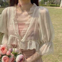 Blouses Women Solid V-Neck Three Quarter Sleeve Chiffon Loose All-match Korean Style Elegant Lady Shirts Summer Stylish Cropped H1230