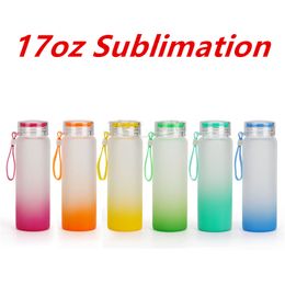 Wholesale! 17oz Sublimation Gradient Frosted Glasses With Wooden Lids Straight 500ml White Blank Water Bottles DIY Heat Transfer Wine Tumblers Beer Cups A12