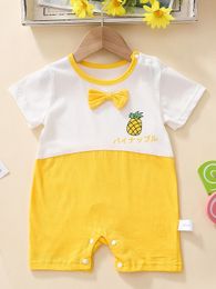 Baby Two Tone Japanese Letter & Pineapple Print Bow Front Romper SHE