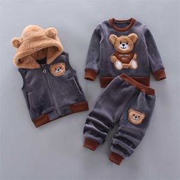 Baby Boys And Girls Clothing Set Tricken Fleece Children Hooded Outerwear Tops Pants 3PCS Outfits Kids Toddler Warm Costume Suit 211224
