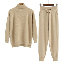 GIGOGOU 2 Pieces Set Women Knitted Tracksuit Turtleneck Sweater + Carrot Jogging Pants Pullover Sweater Set CHIC Knitted Outwear 201120
