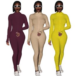 Turtleneck Knit Bodycon Fitness Playsuit Sportswear Long Sleeve Zipper Body Embroidery Lucky Rompers Womens Jumpsuit Plus Size