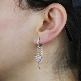 925 Sterling Silver Micro Paved hoop earring White CZ Hamsa Hand Eyes Moon Star Butterfly Tassel Chain Dangling Drop Multi Piercing Earrings