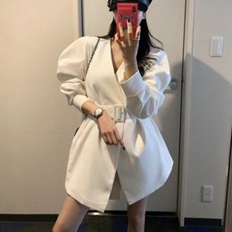 [EWQ] Summer New Sweet Women Jacket Puff Sleeve Women White Suits Outwear Elegant Korea Loose Ladies Office Coat QV56300 201201