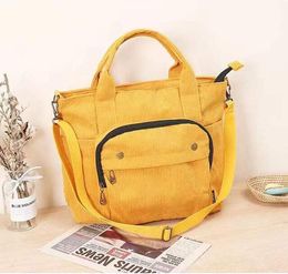 Corduroy Shoulder Bag Women Vintage Shopping Bags Zipper Girls Student Bookbag Handbags Casual Tote With Outside Pocket 202 yellow School bag