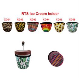 Leopard Pattern Reusable Neoprene Ice Cream Holder Coffee Sleeve Ice Cream Cozy Cover Cup Holder Insulator Cup Sleeve with Spoon Holder