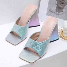 2022 Trend Chunky Heels Slippers Women Elegant Party Dress Shoes Ladies Sexy Square Toe Slides Women Flip Flops Luxury Designer Y220221