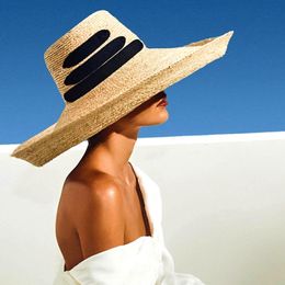 New Fashion Black Bandage Ribbon Ladies Raffia Hat Roll Up Kentucky Derby Sun Hat Large Wide Brim Summer Beach Straw Hat Y200714
