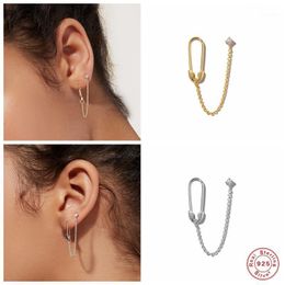 Stud Aide 925 Sterling Silver Unique Safety Pin White Zircon Double Studs Earrings For Women Chain Tassel Connected Piercing