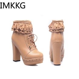 Hot Sale Women Autumn Fashion Leather Round Toe Lace Up Platform Chunky High Heel Ladies Motorcycle Ankle Boots 6 Colours Snow Boots