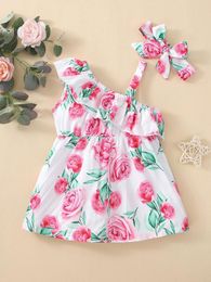 Baby Floral Print Asymmetrical Neck Ruffle Trim Dress & Headband SHE