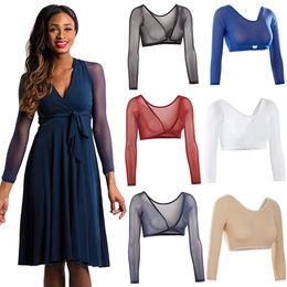 Women Both Side Wear Sheer Plus Size V-neck Long Sleeve Seamless Arm Shaper Crop Top Shirt Blouses Perspective Cardigan tops VE7 201222