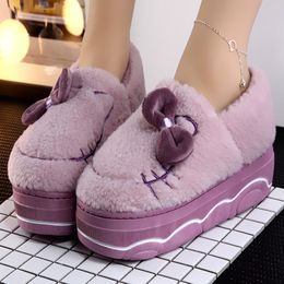 Platform slippers Women Home slippers Winter Plush Warm House slipper Indoor Female Butterfly-knot Cute Bedroom furry slippers X1020