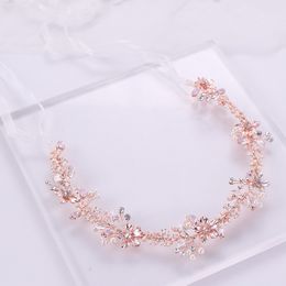 Newest Design Rose Gold Hair Jewelry Pearl Crystal Flower Tiara Headbands Handmade Bridal Hairbands Wedding Hair Ornaments Party J0121