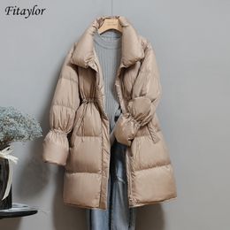 Fitaylor Winter Women Stand Collar Long Down Parka Solid Colour Long Sleeve Lace Up Zipper Down Coat Warm Snow Jacket Outwear 200923