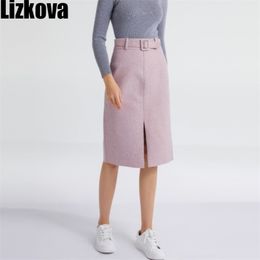 Lizkova Pink Pencil Skirt Winter Women High Waist Split Faldas With Belt Elegant Official Ladies Jupes 2810 220302