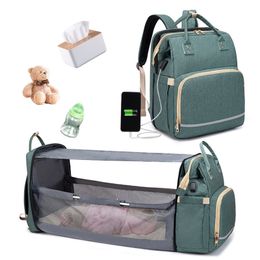 Diaper Bags USB Backpack Foldable Sunscreen Baby Bed Crib Insulation Nursing Stroller Bag With Changing Mat Reflective Strip