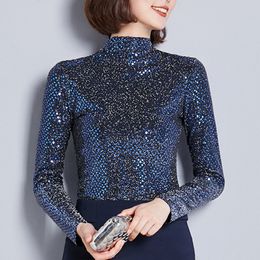 New Spring Women Blouses half turtle neck Sequin Embroidered long-sleeved Fashion Casual Shirt Plus Size 3XL 314B T200502